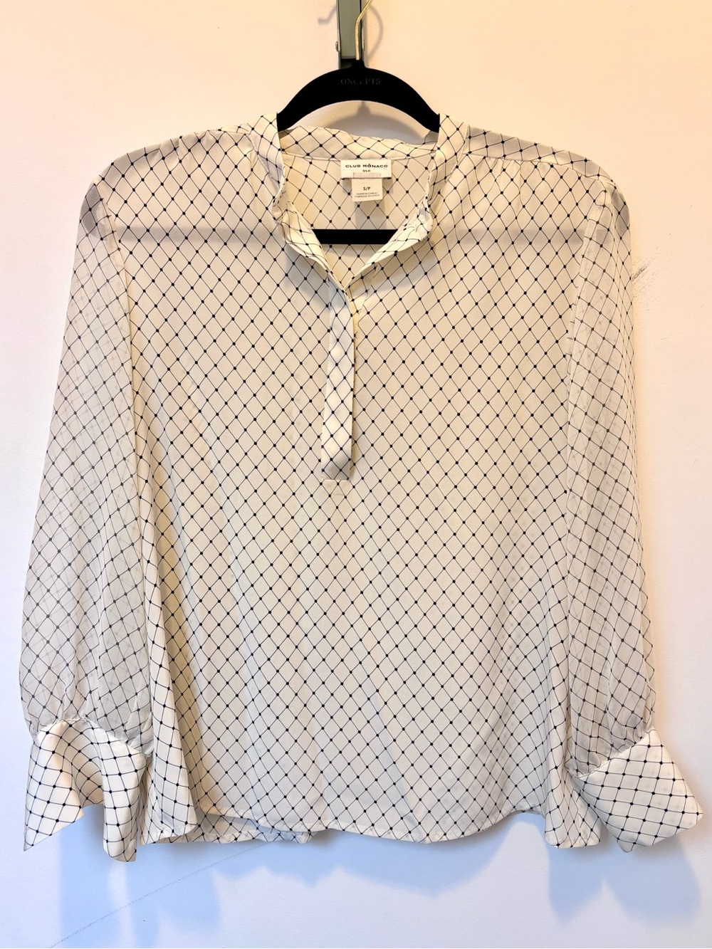 Club Monaco Cream Blouse with Black Grid Print - 100% Silk - Small